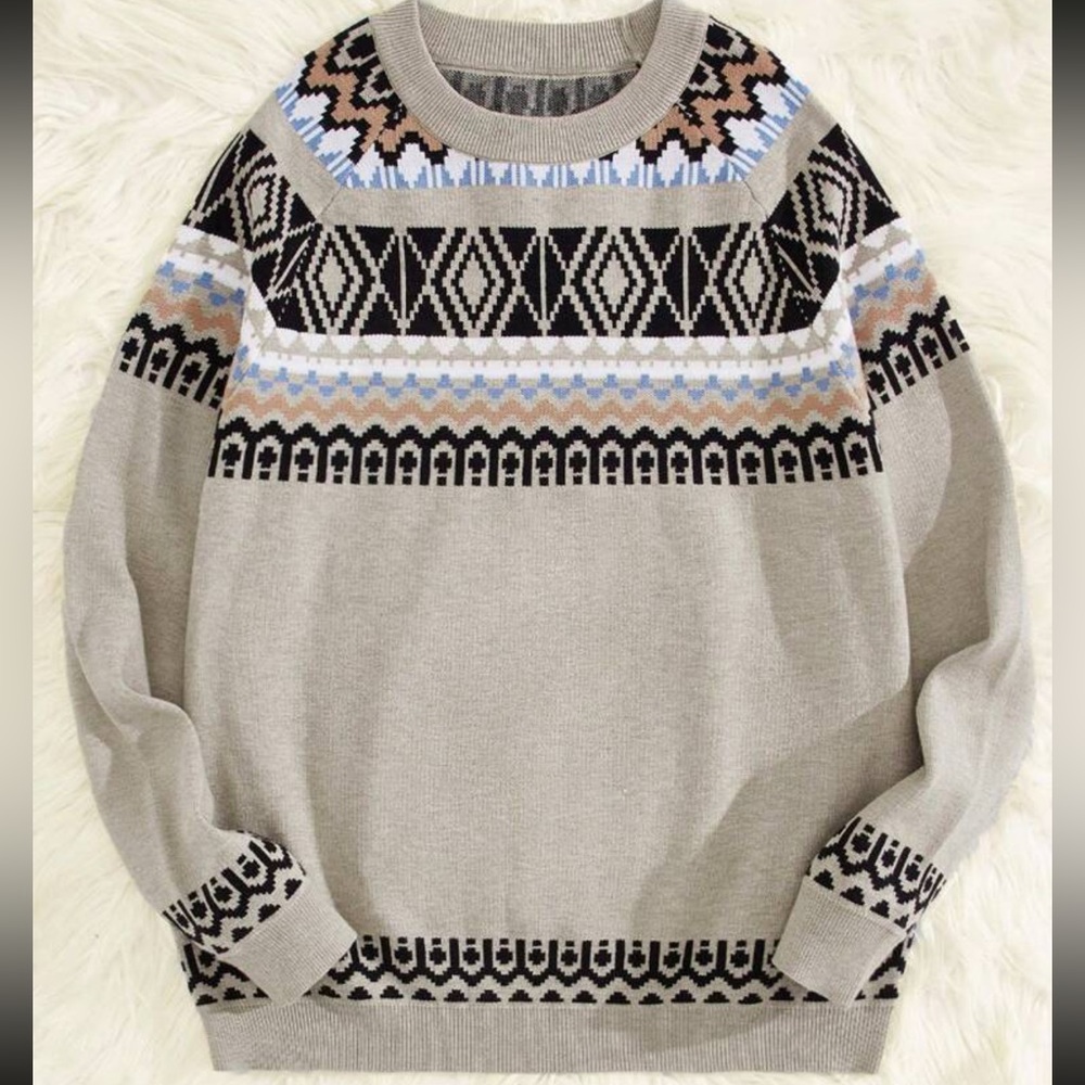 Tan Sweater Geometric Design  Large  Black White. New, no tags.